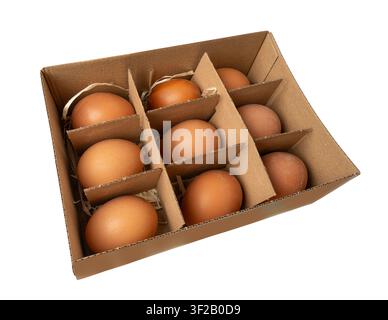 Scatola di uova aperta con uova marroni isolate. Uova di pollo biologiche fresche in contenitore di cartone, primo piano su sfondo bianco Foto Stock