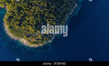 Vista aerea che mostra una costa insulare rigogliosa e verde che incontra il profondo mare adriatico blu. Bellezza naturale in un ambiente tranquillo Foto Stock