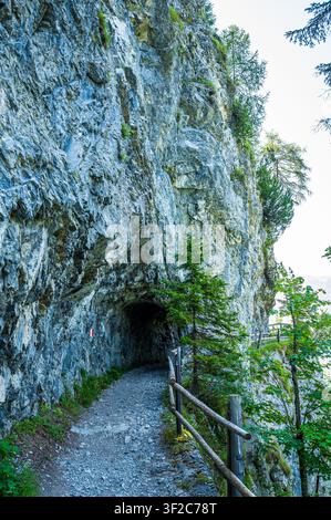 Immagine verticale di un sentiero stretto per escursioni montane scavato attraverso una parete rocciosa sopra l'Achensee nel Tirolo, Austria. Il sentiero roccioso corre lungo una ripida scogliera Foto Stock