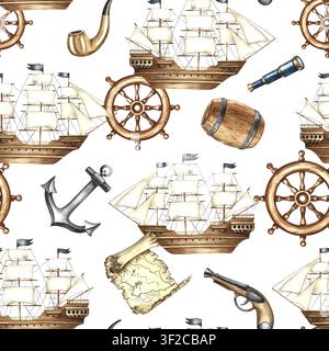 Design senza cuciture con barche a vela storiche, ancore, ruote del timone e altri accessori navali. Illustrazioni ad acquerello disegnate a mano. Per tessuti Foto Stock