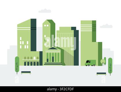 Silhouette urbana verde moderna con edifici per uffici, architettura civile, alberi e veicolo, ideale per la pianificazione urbana ecologica, business, sostenibilità, Illustrazione Vettoriale