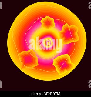 Questa opera d'arte mostra un vivace vortice psichedelico con cerchi concentrici, bande luminose e linee di movimento a spirale. Illustrazione Vettoriale