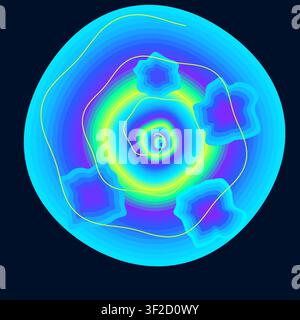 Questo design presenta un audace vortice psichedelico con bande arcobaleno luminose e forme liquide. I colori vivaci si combinano in una spirale ipnotica, perfetta Illustrazione Vettoriale