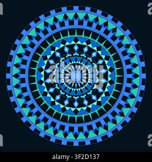 Questo design presenta un mandala decorativo composto da cerchi concentrici di forme tra cui petali, raggi e punti. È creato in colori piatti su un Illustrazione Vettoriale
