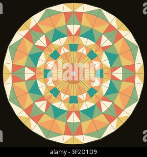Un modello geometrico circolare composto da triangoli e forme colorate disposti in un layout simmetrico. Crea un effetto caleidoscopio con toni caldi e co Illustrazione Vettoriale