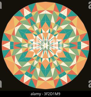 Questa opera d'arte presenta un design mandala simmetrico composto da forme geometriche colorate disposte in un modello circolare. Il design include un mix di Illustrazione Vettoriale