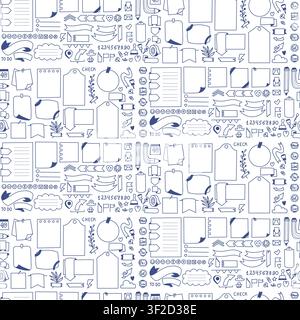 Blocchi memo, liste di cose da fare ed elementi di pianificatore giornaliero Motivo senza cuciture. Fogli di quaderno e scarabocchi di cartoleria su sfondo bianco. Illustrazione vettoriale Bl Illustrazione Vettoriale