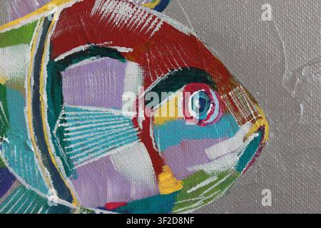 Un dipinto astratto multicolore di pesci su tela. Una fotografia di un dipinto acrilico fatto a mano su tela. Primo piano della texture della pittura - o Foto Stock