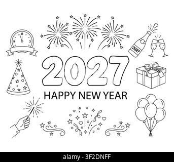 Buon anno nuovo 2027 Elementi di design di celebrazione in arte lineare con fuochi d'artificio e oggetti festivi per feste Illustrazione Vettoriale