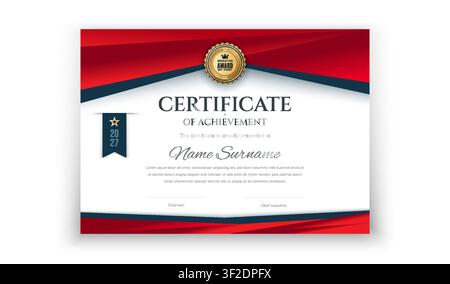 Modello moderno di certificato di riconoscimento rosso e oro con medaglia e vettore di nastro Illustrazione Vettoriale