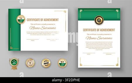 Set di modelli di certificato di raggiungimento verde di lusso con badge VIP dorati Illustrazione Vettoriale