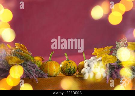 Piccole zucche decorative sono disposte su una superficie di legno con fiori di cotone e foglie essiccate. Luci dorate di bokeh incorniciano la natura morta stagionale aga Foto Stock