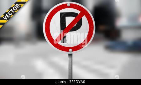 Segnale stradale "Divieto di sosta", cartello stradale su sfondo di traffico sfocato, isolato e facile da modificare, illustrazione vettoriale Illustrazione Vettoriale
