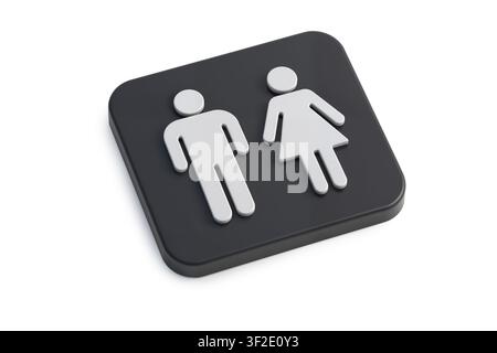 Rendering 3D di icone di segnale di toilette nere con figure maschili e femminili su una superficie nera piatta e liscia con icone bianche. Foto Stock