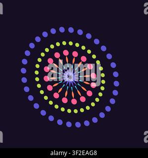 Illustrazione vettoriale minimalista con anelli concentrici di cerchi e un esplosione centrale su sfondo scuro. Illustrazione Vettoriale