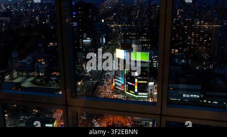 Stupenda veduta notturna dall'ascensore panoramico dell'Abeno Harukas, che mostra lo skyline vivace di Osaka. Questo grattacielo moderno si erge a 300 metri di altezza nella Foto Stock