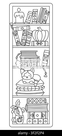 Segnalibro Gatto Zucca e Foglie d'Autunno su scaffale di libri con pagina da colorare Illustrazione Vettoriale