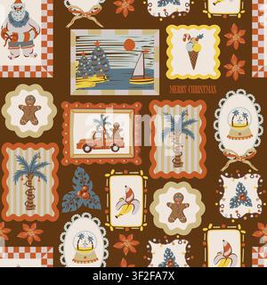 Motivo tropicale senza cuciture natalizio con palme pan di zenzero Babbo Natale cornici per vacanze estive illustrazione Illustrazione Vettoriale