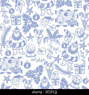 Motivo grafico senza cuciture tropicale natalizio con cornici per vacanze estive, Babbo Natale, palma e ornamenti Illustrazione Vettoriale