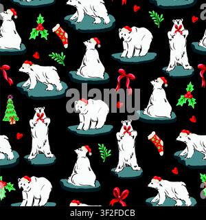 Modello senza cuciture con orso natalizio e orsi polari, nastri, agrifoglio, sfondo invernale festoso, illustrazione Illustrazione Vettoriale