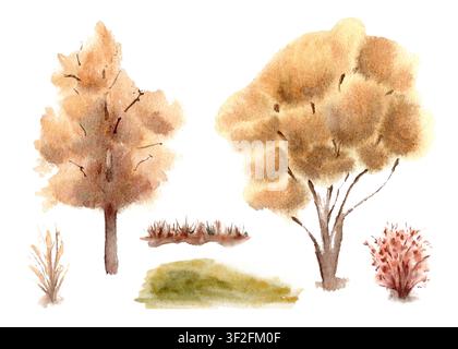 Alberi dorati autunnali e cespugli rossi con set acquerello erba isolato bianco. Piante boschive stagionali dipinte a mano schizzo artistico. Natura autunno clip Foto Stock