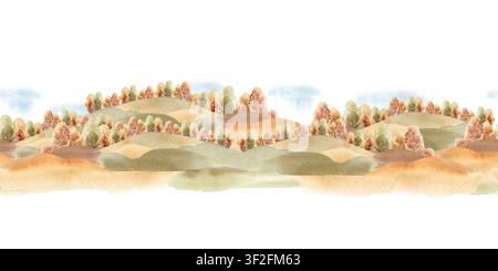 Colline ondulate e alberi di foresta paesaggio autunnale acquerellato bordo senza cuciture su bianco. Scena ripetuta di cumuli campo e boschetto per banner o Foto Stock