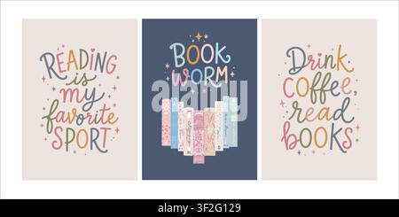 Collezione di poster carini disegnati a mano a tema libri e lettura. Con dorsi di libri, scritte e frasi. Disegni pronti per scuole, librerie, biblioteche. Illustrazioni vettoriali piatte. Illustrazione Vettoriale
