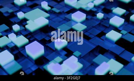 Blocchi luminosi si muovono sopra il paesaggio digitale. Forme cubiche luminose si riversano su un ambiente a griglia virtuale Foto Stock