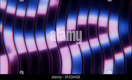 Pannelli nervati curvi lucidi con bande fluide di colore e luce che si estendono su un ampio telaio, creando una trama futuristica astratta, profondità riflettente Foto Stock