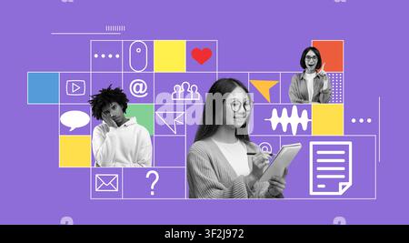 Giovane donna asiatica che scrive appunti alla scrivania con colleghi sullo sfondo, concetto aziendale Foto Stock