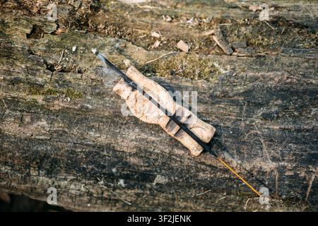 Stick di incenso acceso su supporto in ceramica poggiato su un tronco stagionato all'aperto. Primo piano di fumo di incenso, scia di fumo di incenso acceso, fumo meditativo Foto Stock