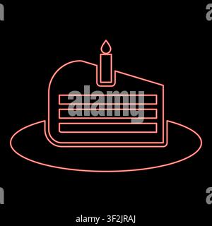 Fetta di torta neon con candela colore rosso illustrazione vettoriale immagine stile piatto luce Illustrazione Vettoriale