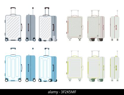 Set di valigie moderne con ruote e maniglia retrattile. Borsa da viaggio con maniglia, valigia da aeroporto in diversi colori. Accessori per viaggi all'estero Illustrazione Vettoriale