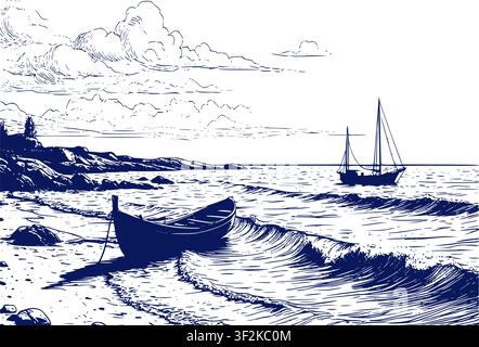 Barca su una spiaggia sabbiosa al bordo dell'acqua, veliero e rocce contro l'orizzonte. Illustrazione vettoriale. Panorama del mare e del cielo con nuvole, Tema o Illustrazione Vettoriale