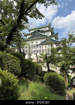 5 agosto 2025, Nagoya, Giappone – Il mastio storico del castello di Nagoya con il tetto verde della pagoda visibile attraverso gli alberi rigogliosi del giardino estivo sotto un cielo parzialmente nuvoloso. Foto Stock