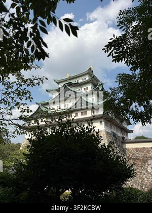 5 agosto 2025, Nagoya, Giappone – Vista dall basso del caratteristico tetto pagoda a gradoni del Castello di Nagoya incorniciato dalla lussureggiante vegetazione degli alberi estivi contro un cielo blu. Foto Stock