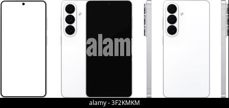 Mockup dettagliato di telefono cellulare bianco con stilo. Vista frontale, posteriore e laterale isolata su sfondo trasparente. PNG vettoriale Illustrazione Vettoriale