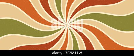 Sfondo a motivi retrò a spirale. Sfondo stellare radiale groovy. Design a linee ondulate con texture grunge. Sfondo psichedelico degli anni '70 Illustrazione Vettoriale
