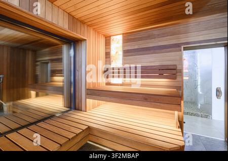 sauna calda e accogliente con panche di legno, pareti e una porta di vetro. Una doccia è visibile attraverso una porta aperta Foto Stock