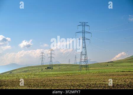 Alti piloni elettrici si estendono su colline erbose aperte sotto un cielo blu terso. I cavi collegano le torri nel paesaggio rurale Foto Stock