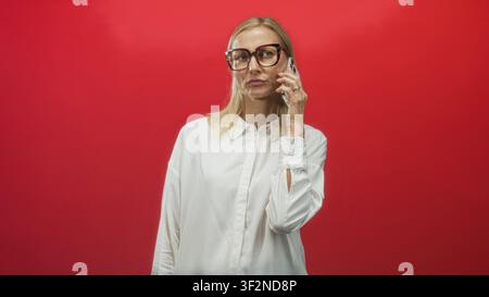 Donna che tiene uno smartphone all'orecchio con una mano sulla guancia, indossa occhiali oversize e una camicia bianca contro un muro rosso dello studio; pensierosa. Foto Stock