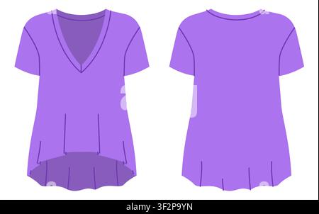 Maglietta viola a collo V a maniche corte con orlo svasato e silhouette rilassata, contorno liscio e modellatura minima. Illustrazione tecnica di moda in colore piatto, viste frontale e posteriore, design di abbigliamento moderno. Vettore Illustrazione Vettoriale