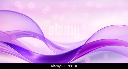 Onde astratte fluenti viola e rosa su uno sfondo chiaro pieno di bokeh, creando un'atmosfera sognante ed elegante. Illustrazione Vettoriale