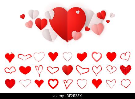 Grande set di cuori rossi. Icone del giorno dell'8 marzo. Segni di cuore isolati su sfondo bianco. Adesivi concetto amore. Cuori e sorrisi disegnati a mano stile doodle. Sti Illustrazione Vettoriale