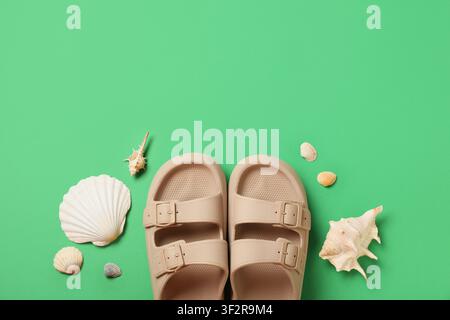 Sandali eleganti da uomo beige e conchiglie su sfondo verde Foto Stock