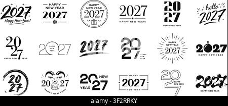 Distintivi di Capodanno 2027 ed emblemi tipografici per il branding delle feste, il biglietto per feste, il calendario e il design di poster. Loghi vettoriali neri su sfondo bianco. Illustrazione Vettoriale