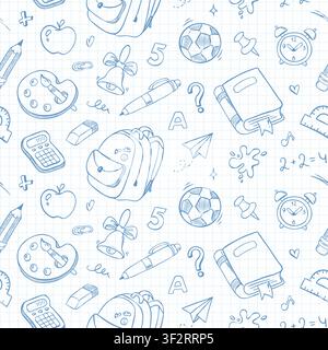 Modello scolastico senza cuciture con illustrazioni disegnate a mano. Sfondo vettoriale su carta per notebook. Stile di schizzo con inchiostro blu. Illustrazione Vettoriale