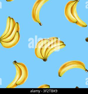 Motivo ad acquerello senza cuciture con una banana gialla singola e mazzi di banane. Perfetto per tessuti, carta da parati, imballaggi alimentari estivi, cucina Foto Stock