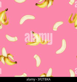 Motivo ad acquerello senza cuciture con una banana gialla singola e mazzi di banane. Perfetto per tessuti, carta da parati, imballaggi alimentari estivi, cucina Foto Stock
