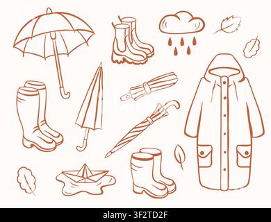 Set di icone di pioggia autunnale con ombrello, stivali di gomma, impermeabile, pozzanghera, barca di carta e foglia in stile lineare. Collezione di concetti meteorologici. Illustrazione Illustrazione Vettoriale